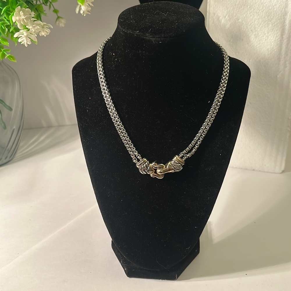 Famous designer inspired silver tone 2-chain necklace w/ front gold tone clasp
